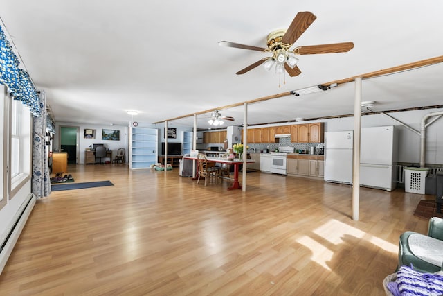 living room with ceiling fan, light wood-type flooring, and a baseboard radiator