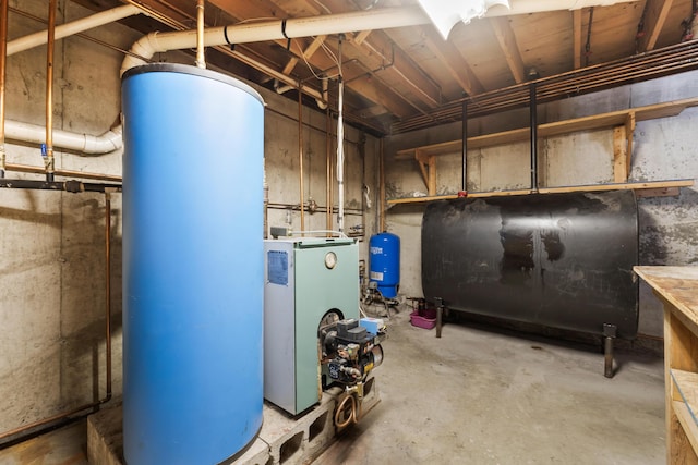 utility room with water heater, a heating unit, and heating fuel