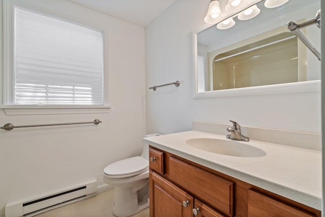 bathroom featuring a baseboard radiator, tile patterned flooring, vanity, toilet, and a shower