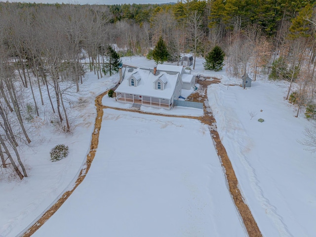 snowy aerial view with a view of trees