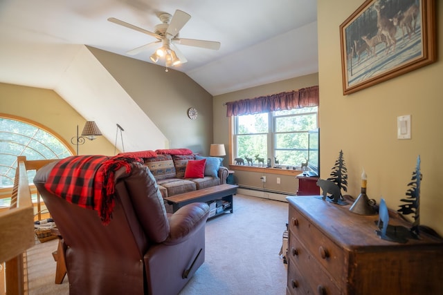 carpeted living area with a baseboard heating unit, vaulted ceiling, and a ceiling fan