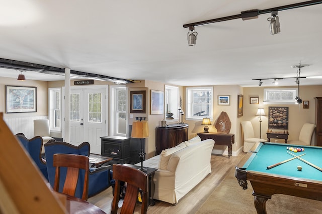 playroom featuring light wood-style floors, billiards, track lighting, and french doors