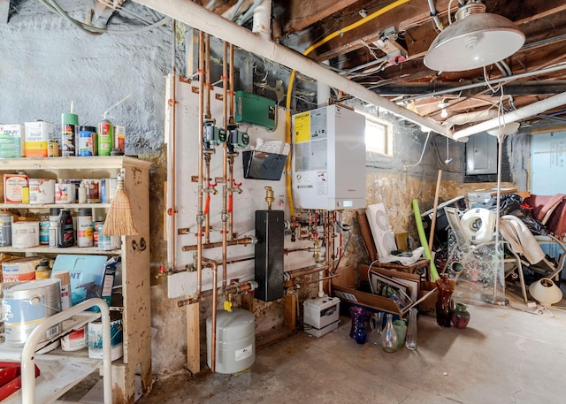 basement with tankless water heater and electric panel