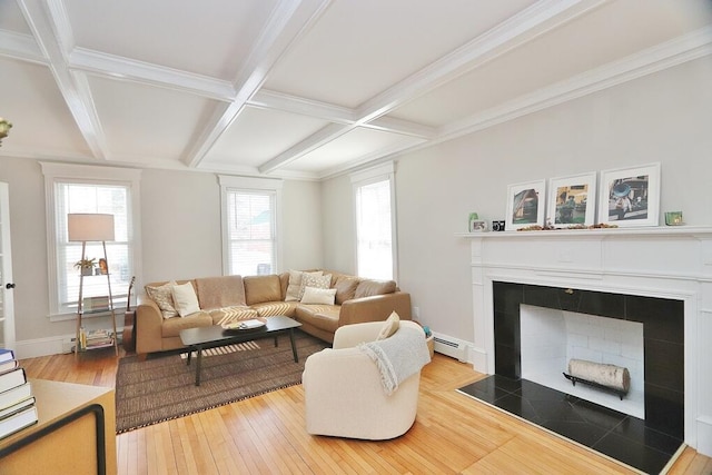 living room featuring coffered ceiling, a tiled fireplace, light wood-type flooring, a baseboard heating unit, and beam ceiling