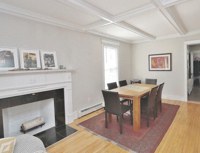 dining space with a tile fireplace, coffered ceiling, baseboard heating, beamed ceiling, and wood-type flooring