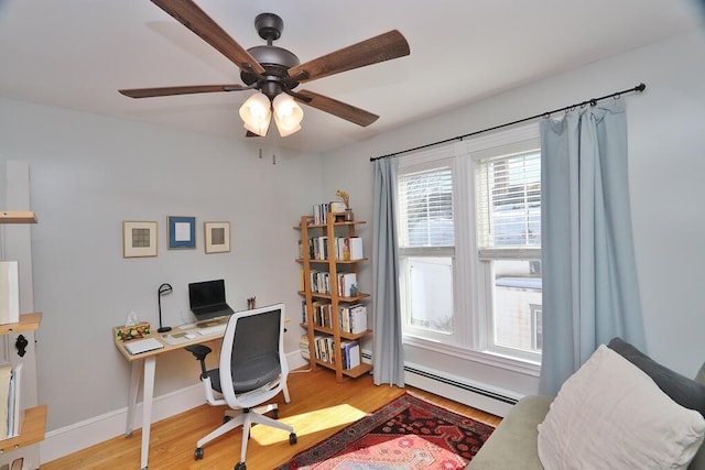 office area featuring a baseboard heating unit, light wood-style floors, and baseboards