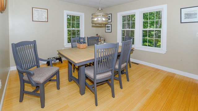 dining room featuring light wood-style flooring, visible vents, baseboards, and a chandelier