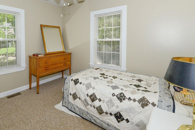 bedroom with carpet floors, visible vents, baseboards, and multiple windows