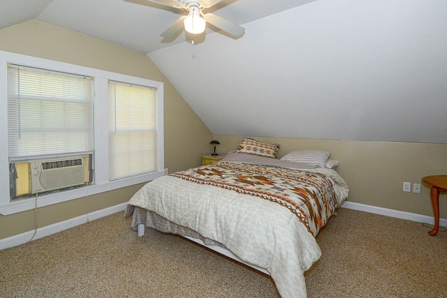 carpeted bedroom with lofted ceiling, cooling unit, a ceiling fan, and baseboards