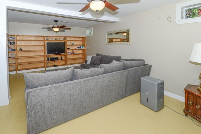 living area with visible vents, baseboards, a ceiling fan, concrete flooring, and beam ceiling