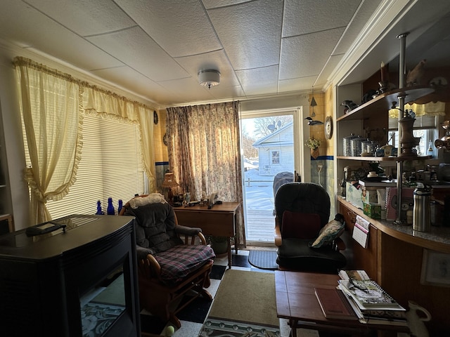 living area featuring crown molding