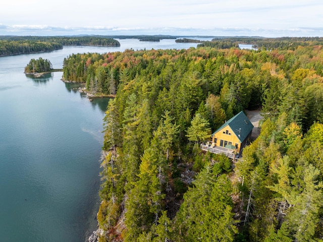 drone / aerial view with a water view and a wooded view