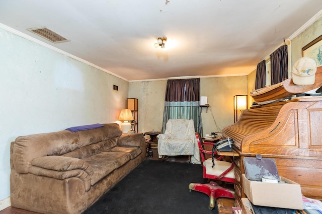 carpeted living area with visible vents and crown molding