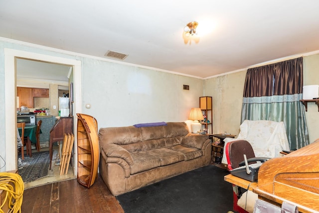 living area with ornamental molding, dark wood-style flooring, and visible vents