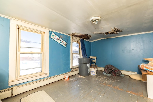 interior space with baseboard heating and wood finished floors