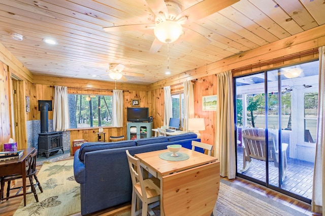 living area with wooden ceiling, a wood stove, wooden walls, and ceiling fan