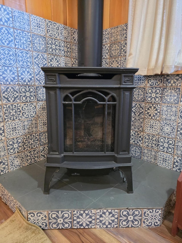 interior details with a wood stove