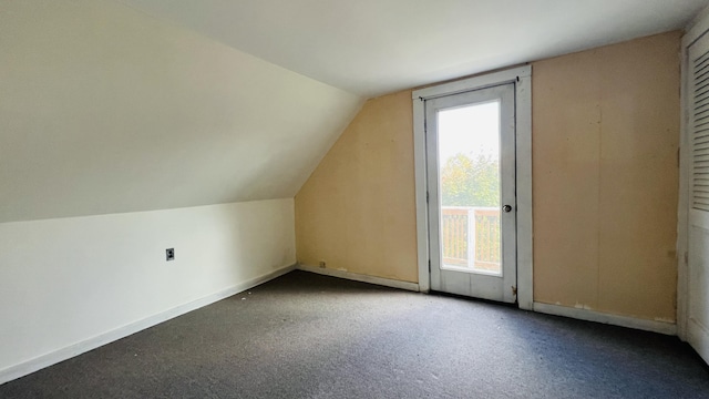 additional living space featuring lofted ceiling, carpet floors, and baseboards