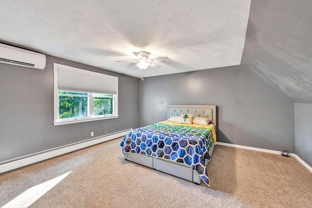 carpeted bedroom featuring an AC wall unit, vaulted ceiling, a textured ceiling, ceiling fan, and baseboards