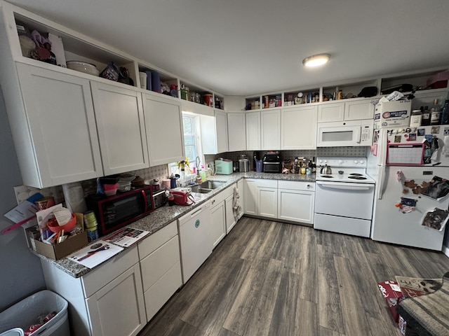 3 Jack St, Winslow, ME 04901 - kitchen featuring dark wood-style floors, a sink, tasteful backsplash, white cabinetry, and white appliances