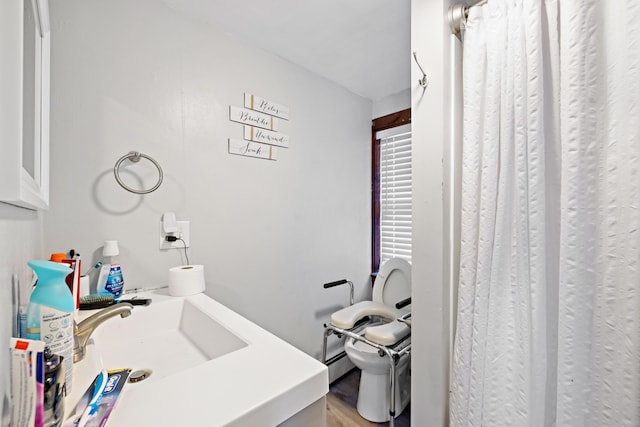 bathroom with a sink, curtained shower, and toilet