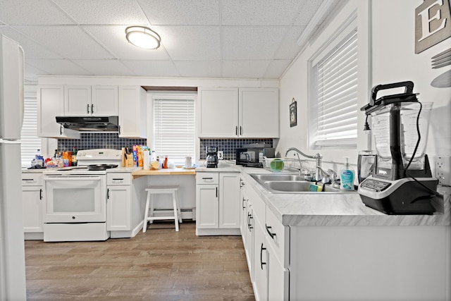 kitchen featuring light wood-type flooring, under cabinet range hood, a sink, white electric stove, and light countertops