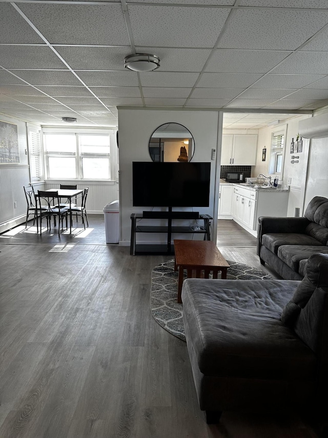 5 Pleasant View Ridge Rd, China, ME 04358 - living room with baseboards, a drop ceiling, and dark wood-type flooring