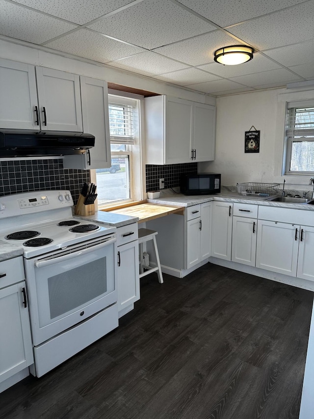 5 Pleasant View Ridge Rd, China, ME 04358 - kitchen featuring black microwave, a drop ceiling, a sink, and electric stove