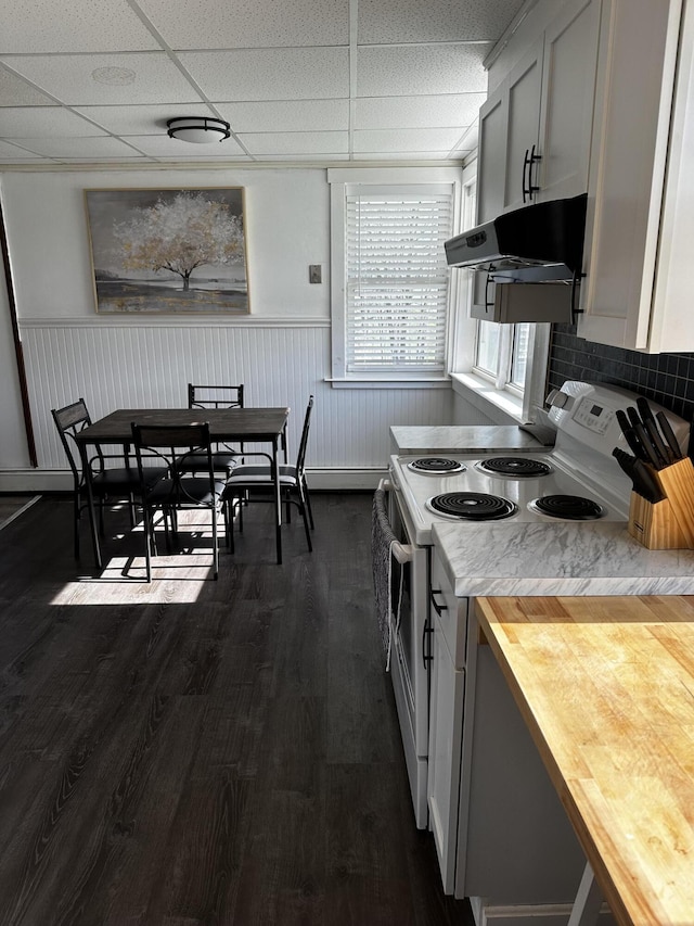 5 Pleasant View Ridge Rd, China, ME 04358 - kitchen featuring under cabinet range hood, white range with electric stovetop, butcher block countertops, and a drop ceiling