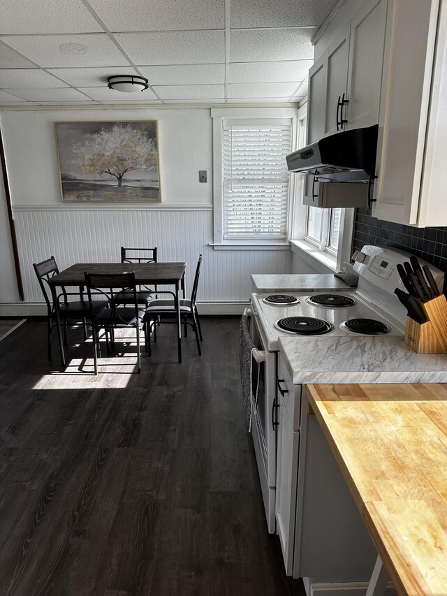 5 Pleasant View Ridge Rd, China, ME 04358 - kitchen with under cabinet range hood, wooden counters, white range with electric stovetop, and a drop ceiling