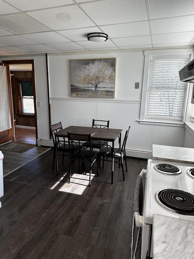 5 Pleasant View Ridge Rd, China, ME 04358 - dining space with a wainscoted wall, dark wood finished floors, and a paneled ceiling