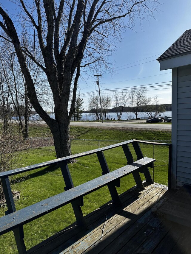 5 Pleasant View Ridge Rd, China, ME 04358 - wooden terrace with a yard, a water view, and fence