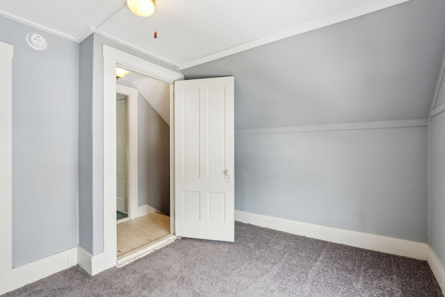 additional living space with lofted ceiling, carpet flooring, and baseboards