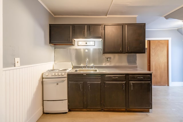 kitchen featuring a wainscoted wall, white electric stove, light countertops, light wood-style flooring, and a sink