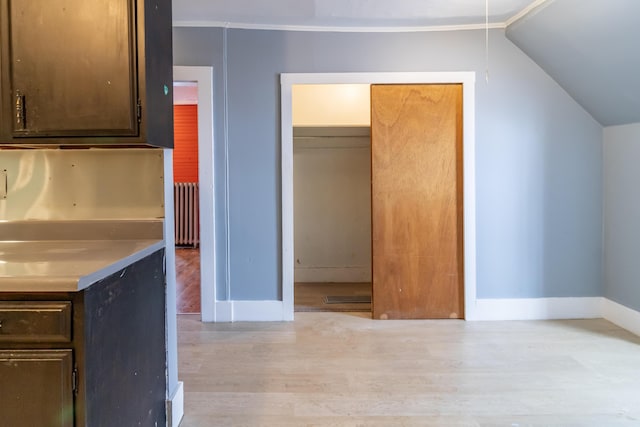 kitchen featuring light wood finished floors, dark brown cabinetry, radiator, lofted ceiling, and light countertops