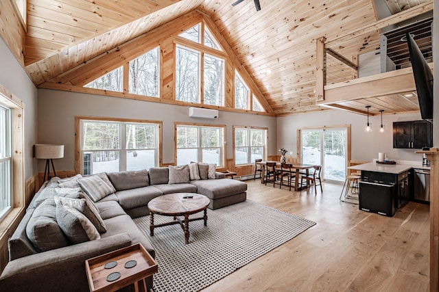 living area featuring light wood-type flooring, wooden ceiling, high vaulted ceiling, and an AC wall unit