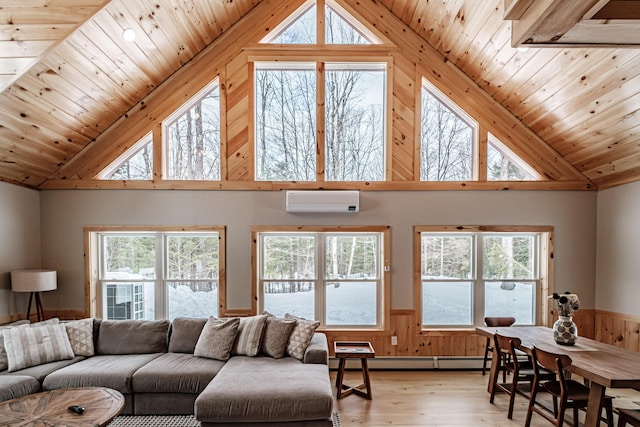 living room with a wainscoted wall, a wall unit AC, and wooden ceiling