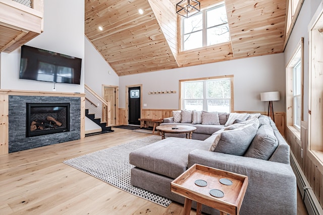 living area with wainscoting, wood ceiling, stairway, wood finished floors, and a fireplace