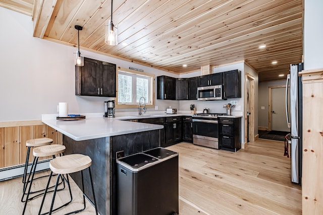 kitchen featuring a peninsula, appliances with stainless steel finishes, wooden ceiling, and light wood-style floors