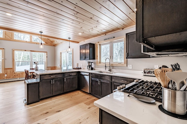 kitchen featuring plenty of natural light, dishwasher, wood ceiling, a peninsula, and a sink