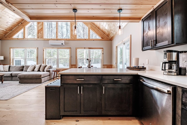 kitchen featuring a peninsula, a wealth of natural light, wood ceiling, and dishwasher