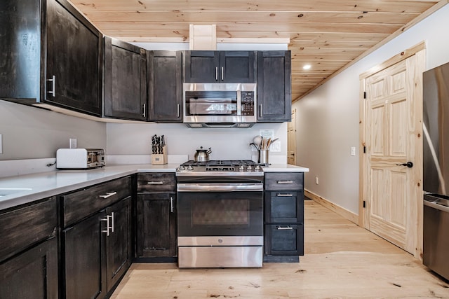 kitchen featuring baseboards, wooden ceiling, stainless steel appliances, light countertops, and light wood-type flooring