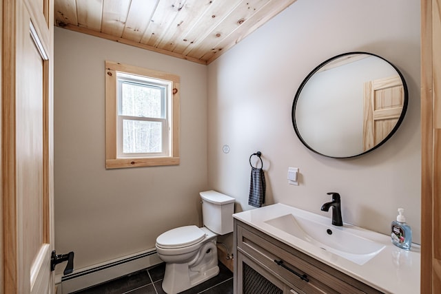 bathroom with toilet, wooden ceiling, tile patterned flooring, baseboard heating, and vanity