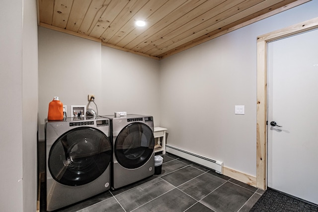 laundry room with a baseboard radiator, washing machine and dryer, wooden ceiling, and laundry area