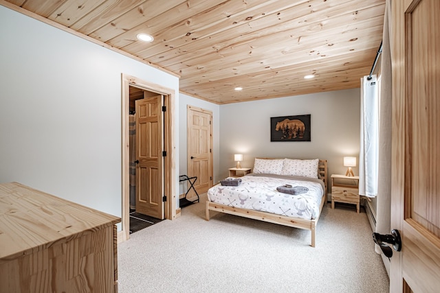 carpeted bedroom with recessed lighting and wooden ceiling