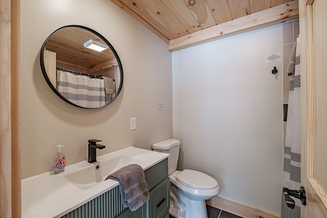 full bathroom featuring toilet, vanity, and wood ceiling