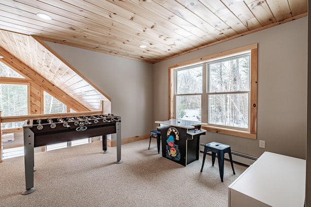 recreation room with wooden ceiling, recessed lighting, a baseboard heating unit, carpet floors, and baseboards