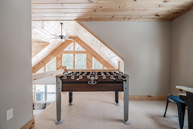 playroom with a healthy amount of sunlight, wooden ceiling, carpet, and vaulted ceiling