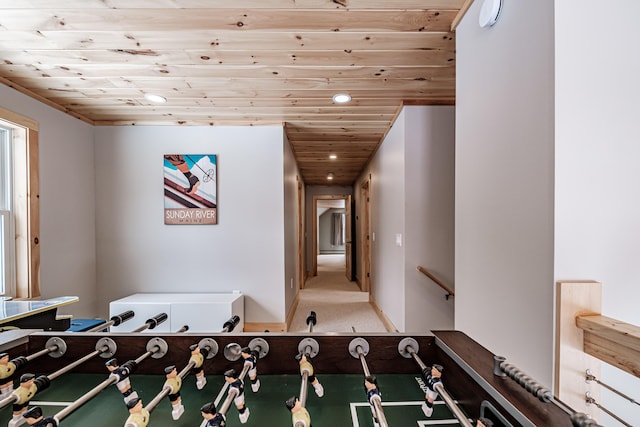 recreation room featuring baseboards, carpet flooring, wood ceiling, and recessed lighting