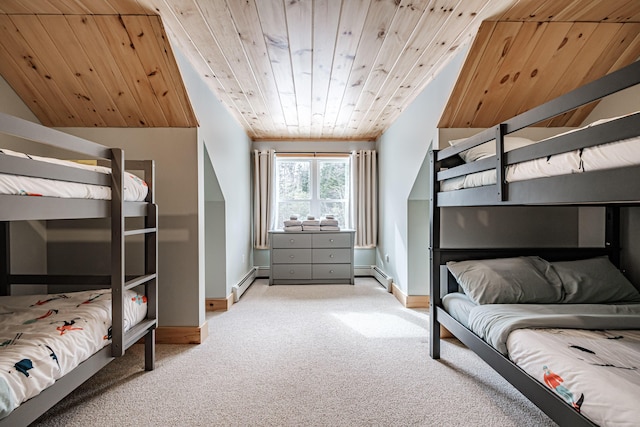 bedroom featuring a baseboard radiator, carpet flooring, wood ceiling, and baseboards